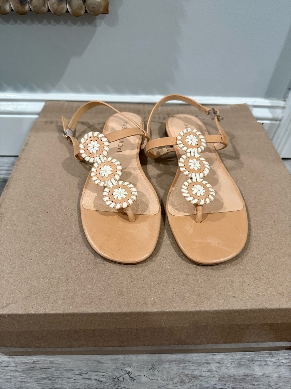 Jack Rogers Walsh Flat Sandals Tan Leather Sandals with White Floral Medallions